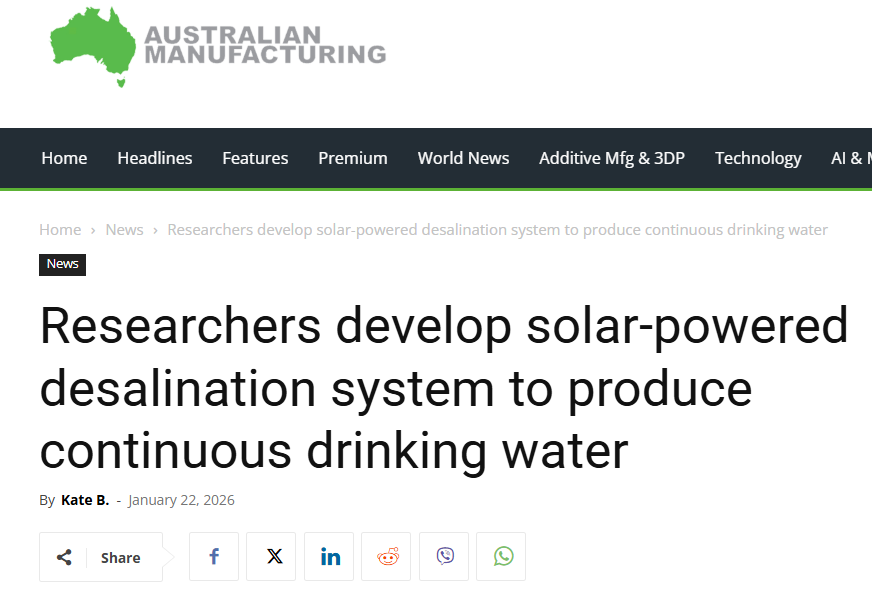 Researchers develop solar-powered desalination system to produce continuous drinking water